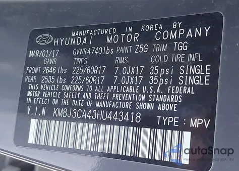 2017 Hyundai Tucson Se from USA, damaged, VIN KM8J3CA43HU443418